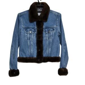 Marco Gianotti Jean Jacket Denim Size Large Fur Trim Blue Button Front